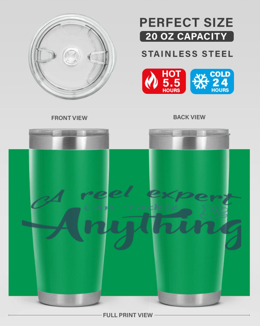 Real expert 184# fishing tumbler in stainless steel with a drink-thru lid, showcasing its sleek design and double wall insulation.