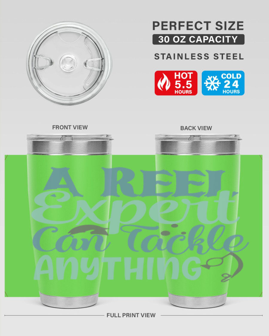 A Reel Expert Can Tackle Anything 227# Tumbler in stainless steel with a vibrant fishing-themed design, showcasing its double wall vacuum insulation.