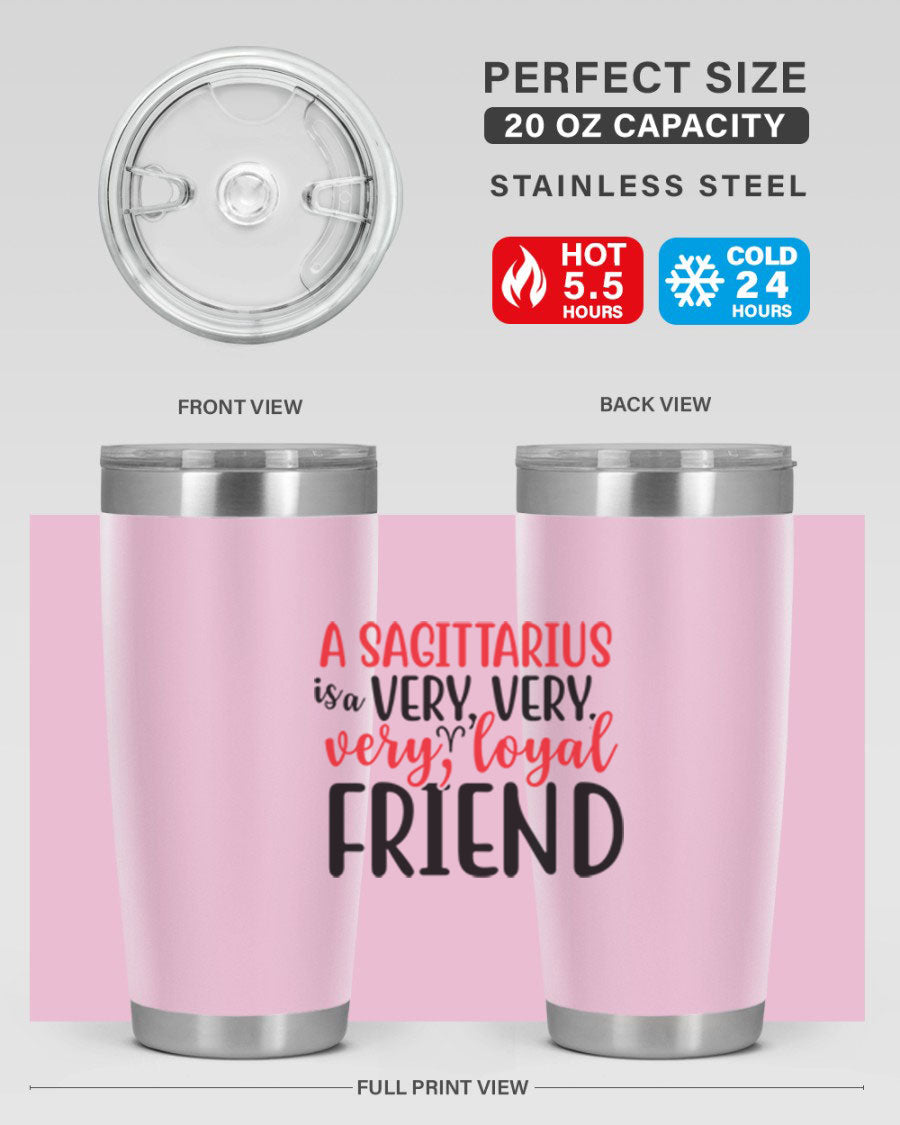 A stylish 20oz Sagittarius tumbler made of stainless steel with a copper lining, featuring a press-in lid and vibrant design.