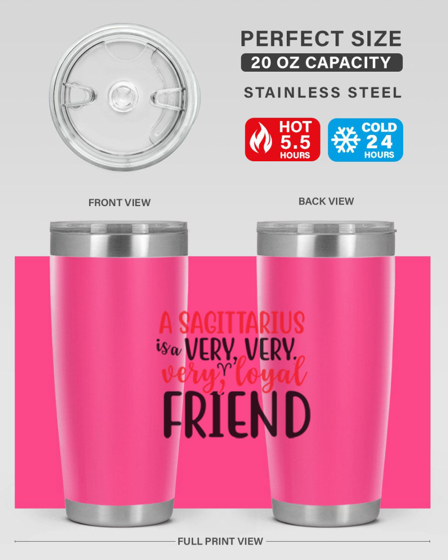 A stylish 20oz Sagittarius tumbler made of stainless steel with a copper lining, featuring a press-in lid and vibrant design.