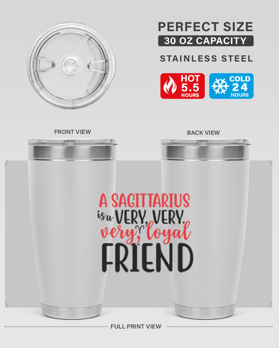 A stylish 20oz Sagittarius tumbler made of stainless steel with a copper lining, featuring a press-in lid and vibrant design.