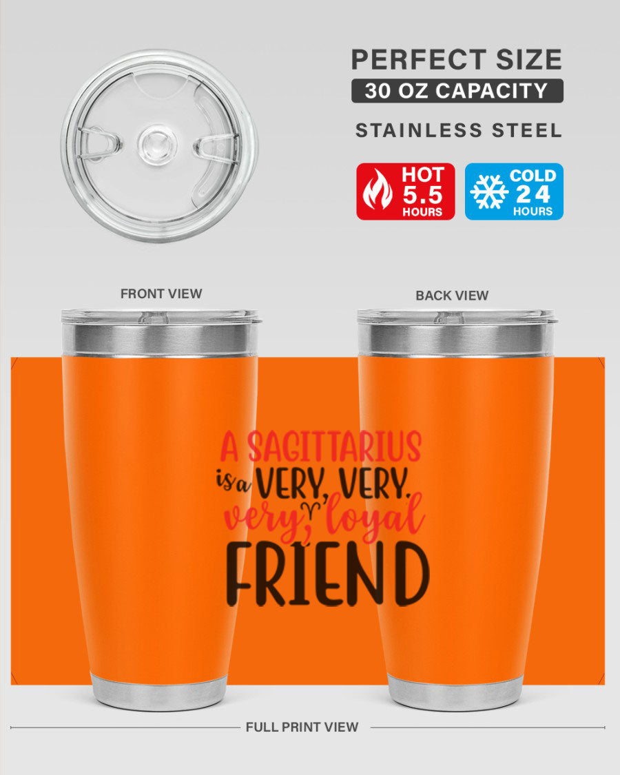 A stylish 20oz Sagittarius tumbler made of stainless steel with a copper lining, featuring a press-in lid and vibrant design.