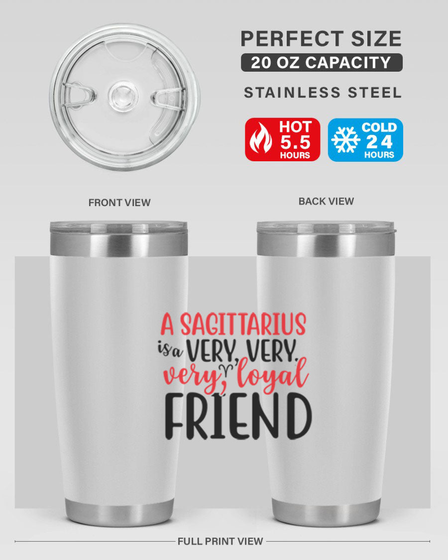 A stylish 20oz Sagittarius tumbler made of stainless steel with a copper lining, featuring a press-in lid and vibrant design.