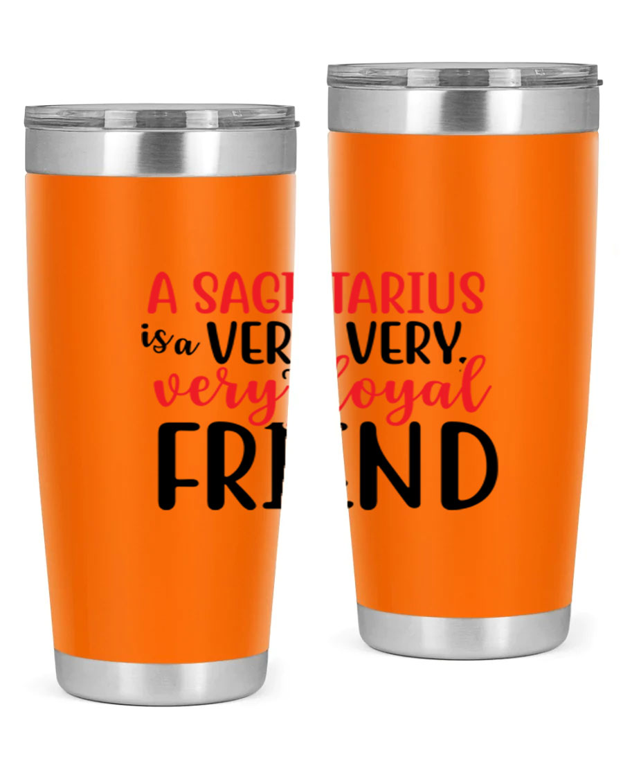 A stylish 20oz Sagittarius tumbler made of stainless steel with a copper lining, featuring a press-in lid and vibrant design.