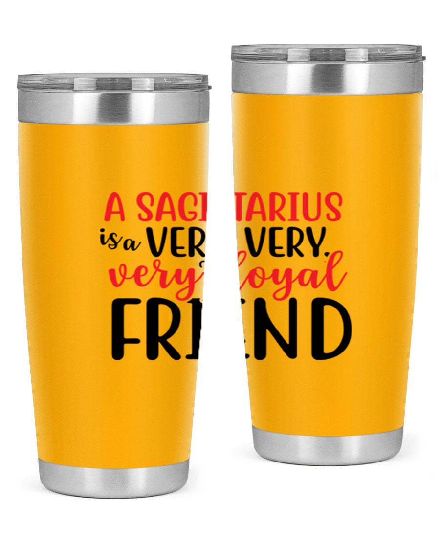 A stylish 20oz Sagittarius tumbler made of stainless steel with a copper lining, featuring a press-in lid and vibrant design.