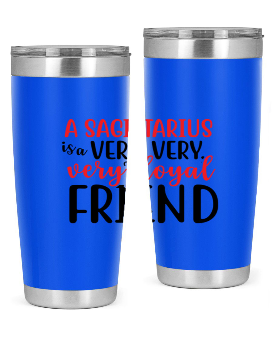 A stylish 20oz Sagittarius tumbler made of stainless steel with a copper lining, featuring a press-in lid and vibrant design.