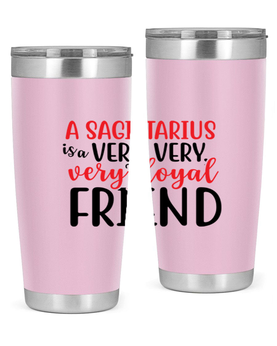 A stylish 20oz Sagittarius tumbler made of stainless steel with a copper lining, featuring a press-in lid and vibrant design.