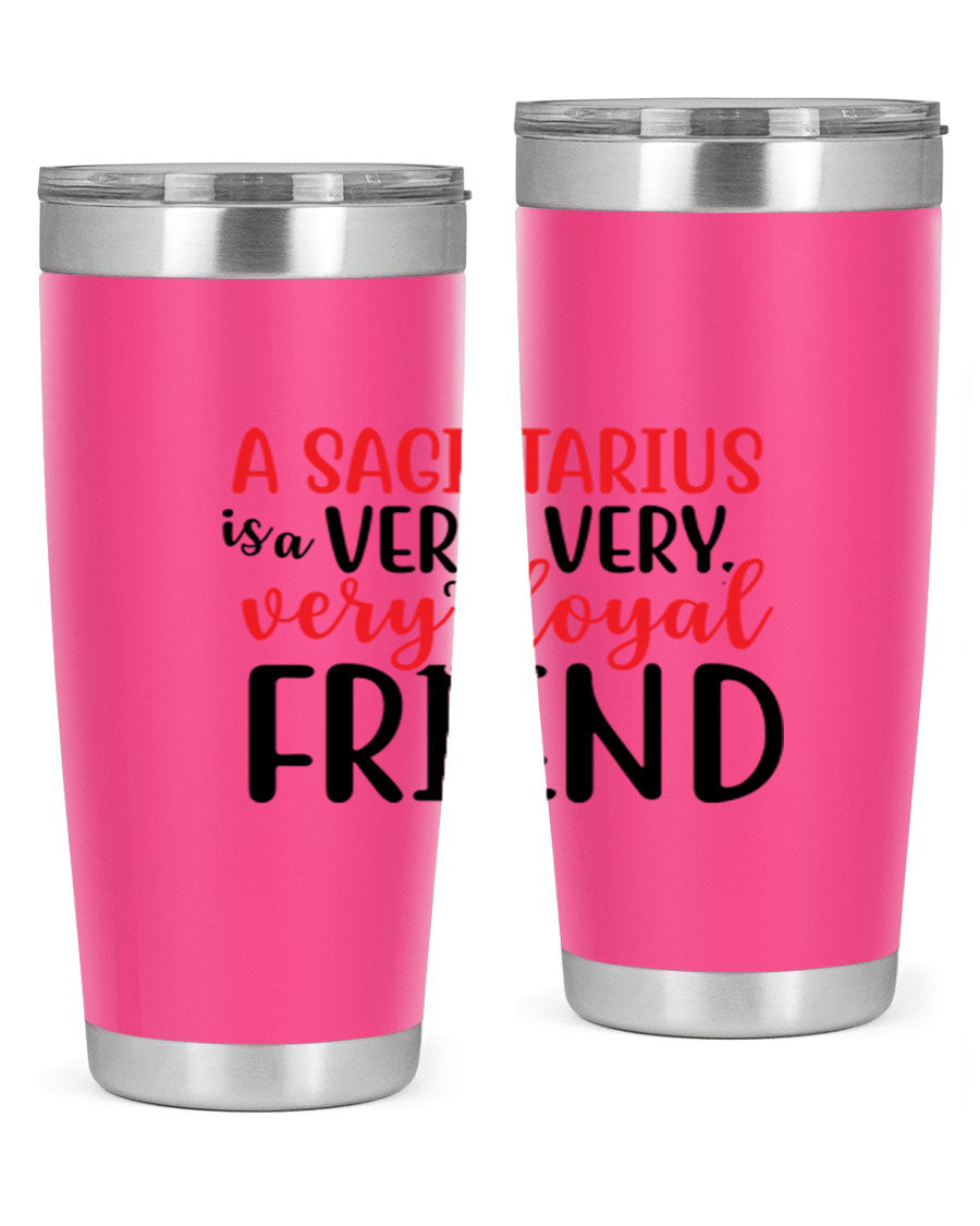 A stylish 20oz Sagittarius tumbler made of stainless steel with a copper lining, featuring a press-in lid and vibrant design.