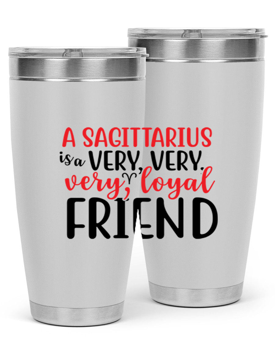 A stylish 20oz Sagittarius tumbler made of stainless steel with a copper lining, featuring a press-in lid and vibrant design.