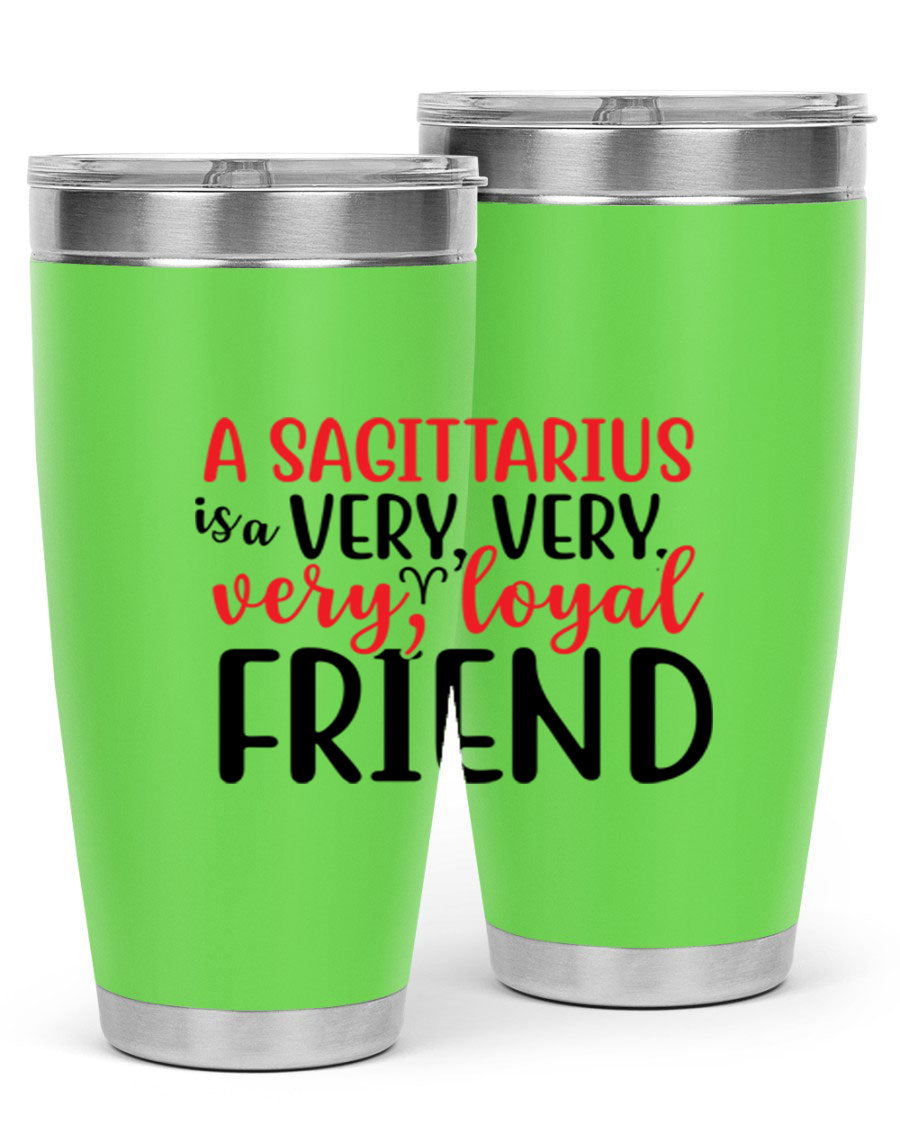 A stylish 20oz Sagittarius tumbler made of stainless steel with a copper lining, featuring a press-in lid and vibrant design.