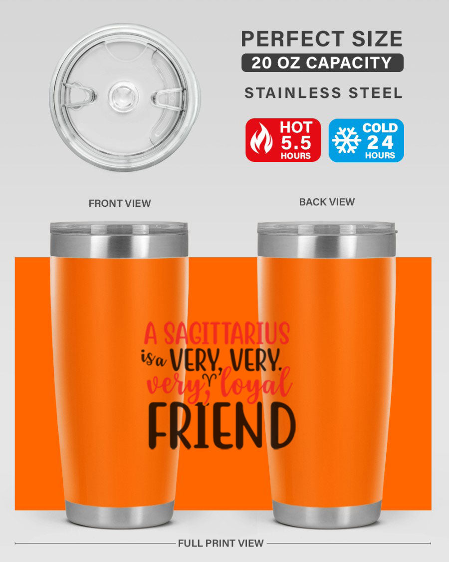 A stylish 20oz Sagittarius tumbler made of stainless steel with a copper lining, featuring a press-in lid and vibrant design.