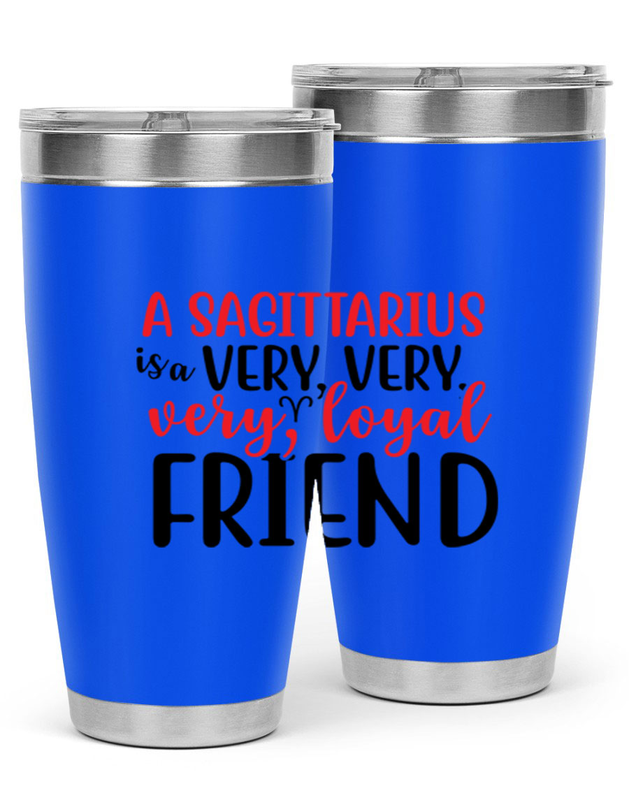 A stylish 20oz Sagittarius tumbler made of stainless steel with a copper lining, featuring a press-in lid and vibrant design.