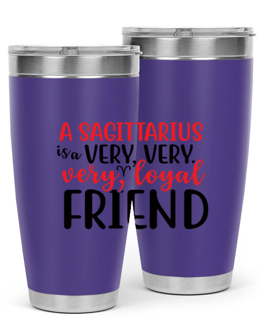 A stylish 20oz Sagittarius tumbler made of stainless steel with a copper lining, featuring a press-in lid and vibrant design.