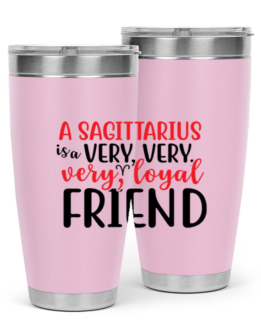 A stylish 20oz Sagittarius tumbler made of stainless steel with a copper lining, featuring a press-in lid and vibrant design.