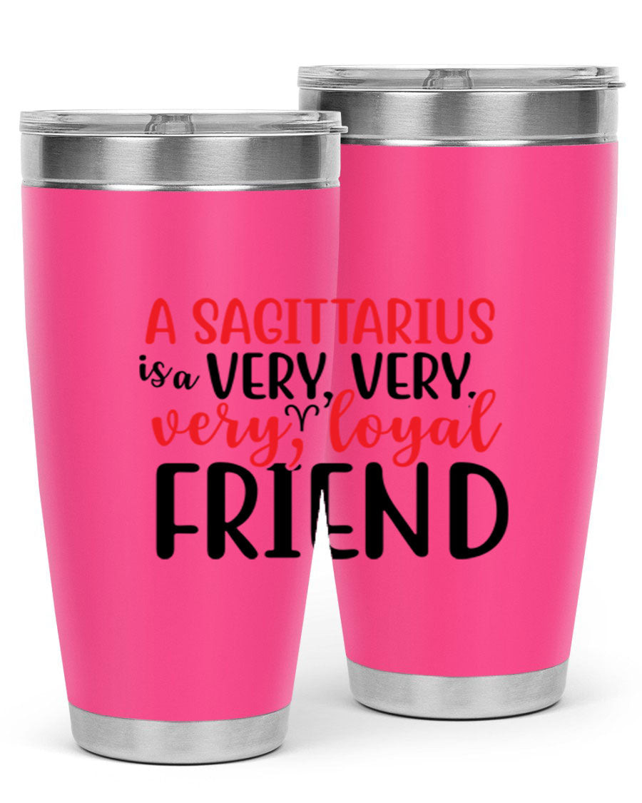A stylish 20oz Sagittarius tumbler made of stainless steel with a copper lining, featuring a press-in lid and vibrant design.