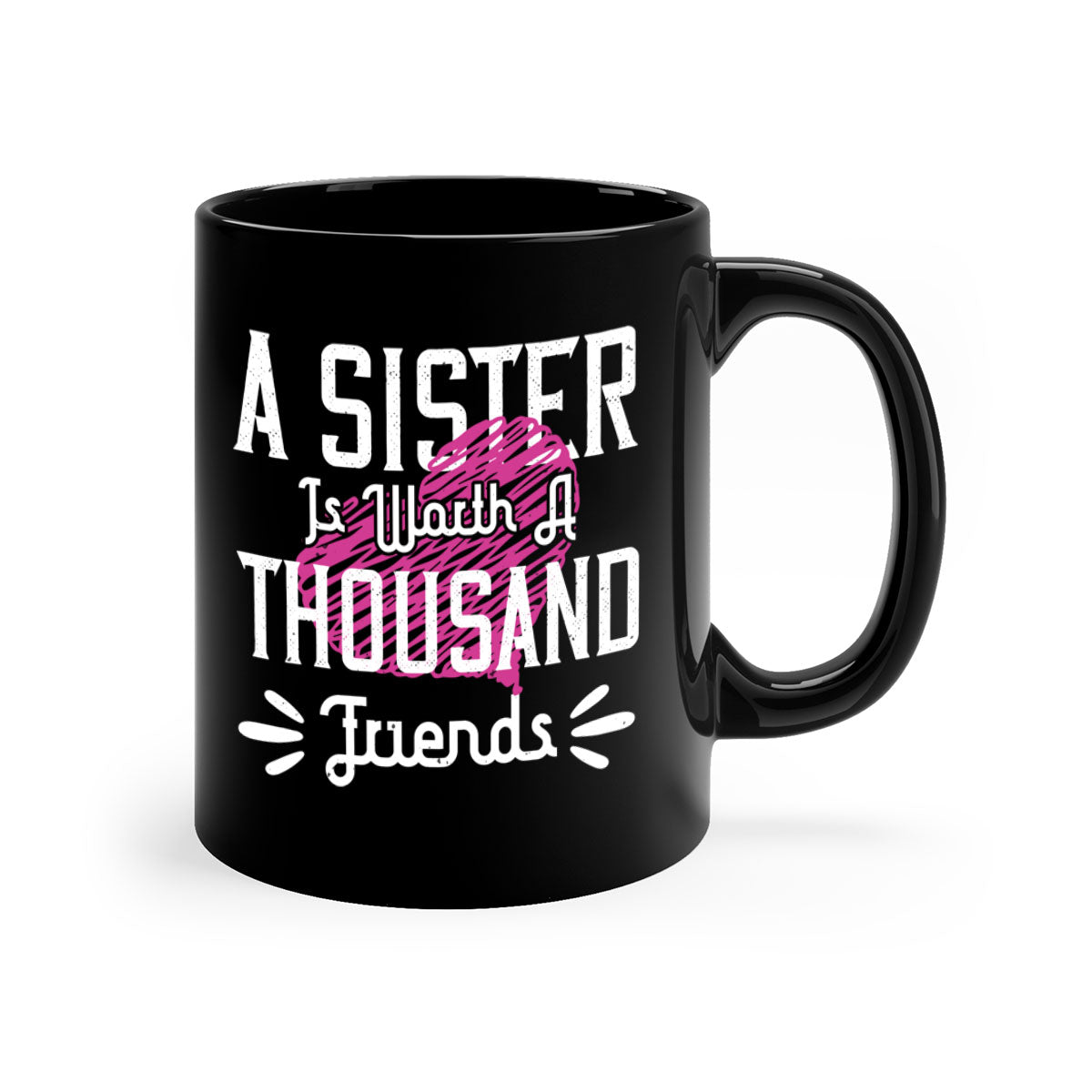 Ceramic coffee mug with colorful handle and interior, featuring the phrase 'A Sister is Worth a Thousand Friends'.