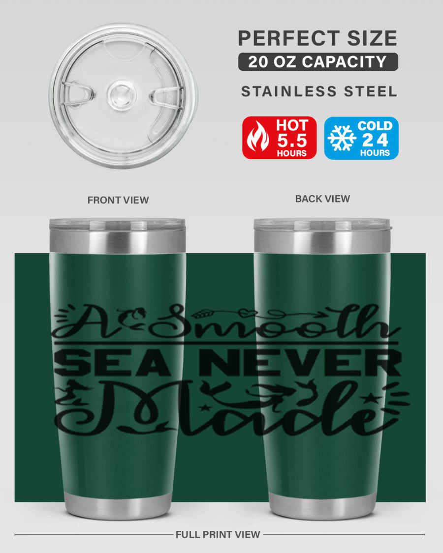A Smooth Sea Never Made 11# mermaid tumbler in stainless steel with a vibrant design, showcasing its double wall vacuum insulation and drink-thru lid.