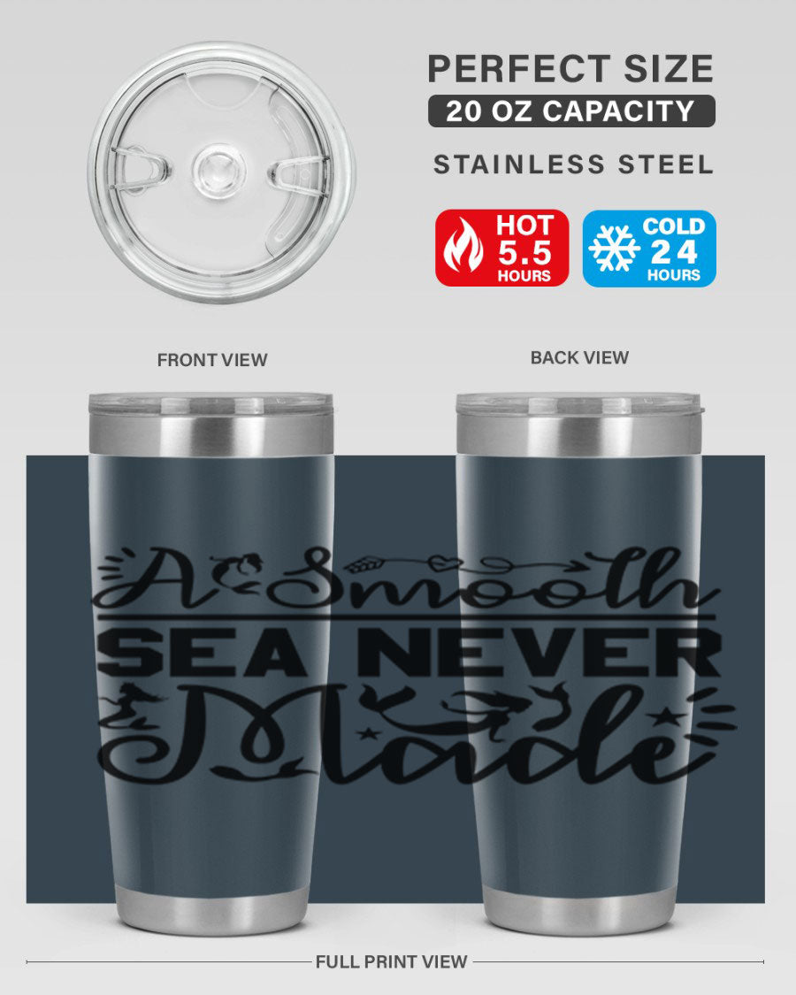A Smooth Sea Never Made 11# mermaid tumbler in stainless steel with a vibrant design, showcasing its double wall vacuum insulation and drink-thru lid.
