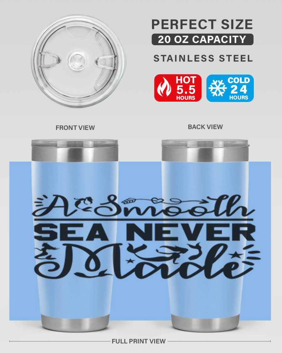A Smooth Sea Never Made 11# mermaid tumbler in stainless steel with a vibrant design, showcasing its double wall vacuum insulation and drink-thru lid.