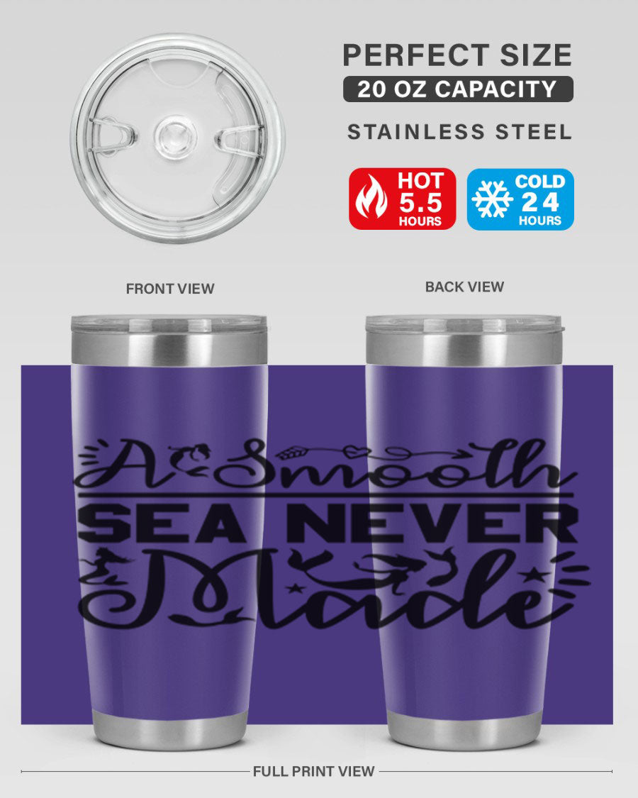 A Smooth Sea Never Made 11# mermaid tumbler in stainless steel with a vibrant design, showcasing its double wall vacuum insulation and drink-thru lid.