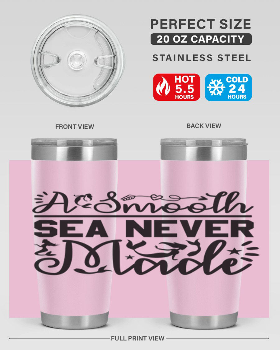 A Smooth Sea Never Made 11# mermaid tumbler in stainless steel with a vibrant design, showcasing its double wall vacuum insulation and drink-thru lid.