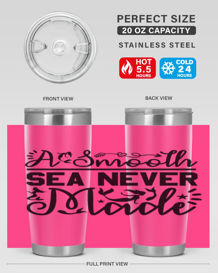 A Smooth Sea Never Made 11# mermaid tumbler in stainless steel with a vibrant design, showcasing its double wall vacuum insulation and drink-thru lid.
