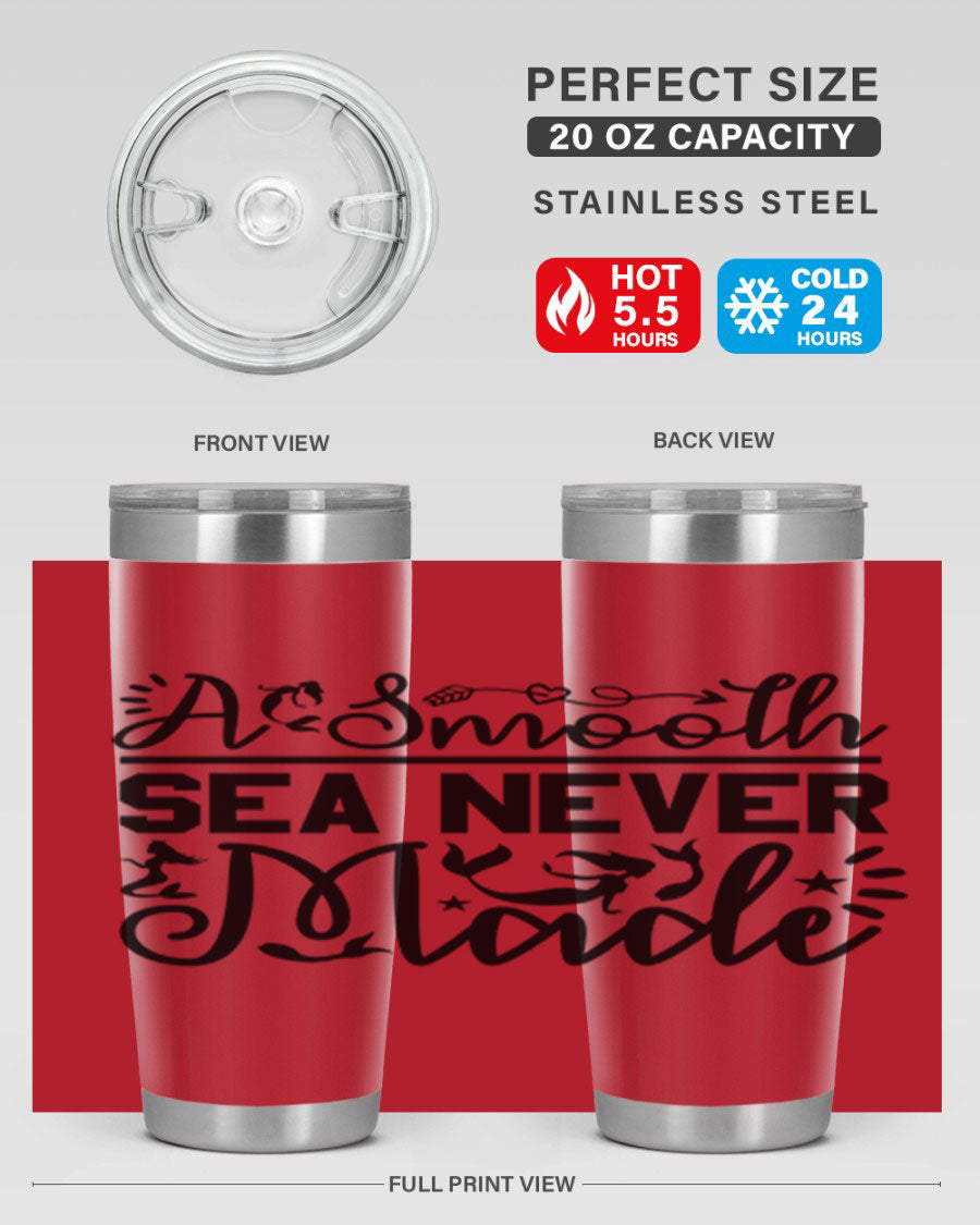 A Smooth Sea Never Made 11# mermaid tumbler in stainless steel with a vibrant design, showcasing its double wall vacuum insulation and drink-thru lid.