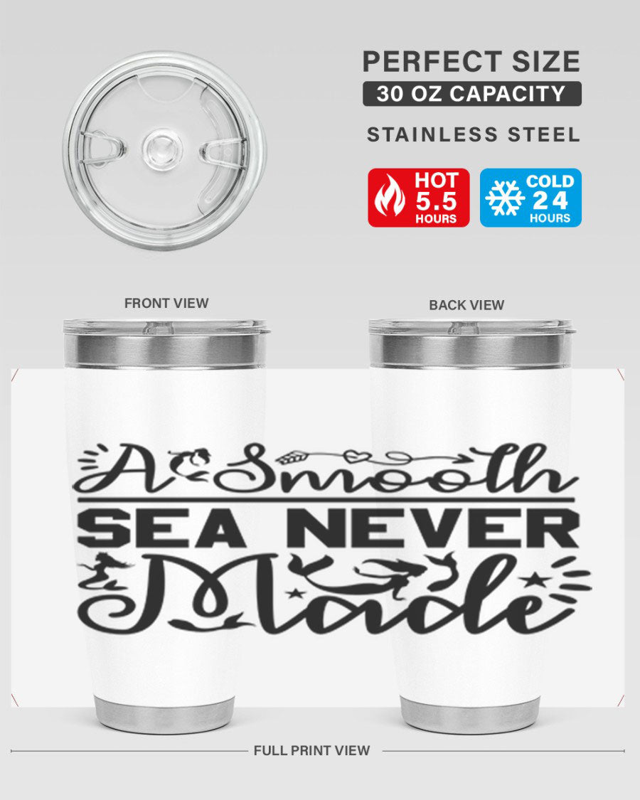A Smooth Sea Never Made 11# mermaid tumbler in stainless steel with a vibrant design, showcasing its double wall vacuum insulation and drink-thru lid.