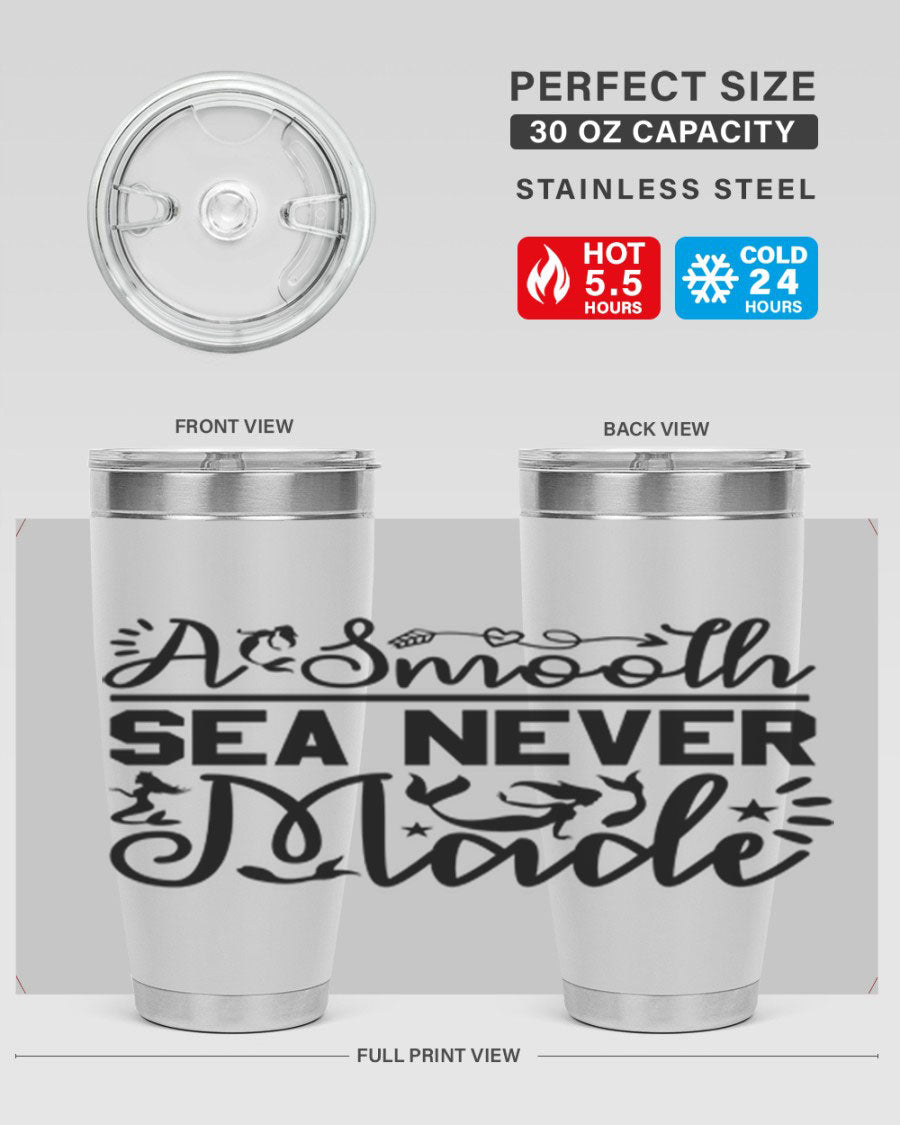 A Smooth Sea Never Made 11# mermaid tumbler in stainless steel with a vibrant design, showcasing its double wall vacuum insulation and drink-thru lid.