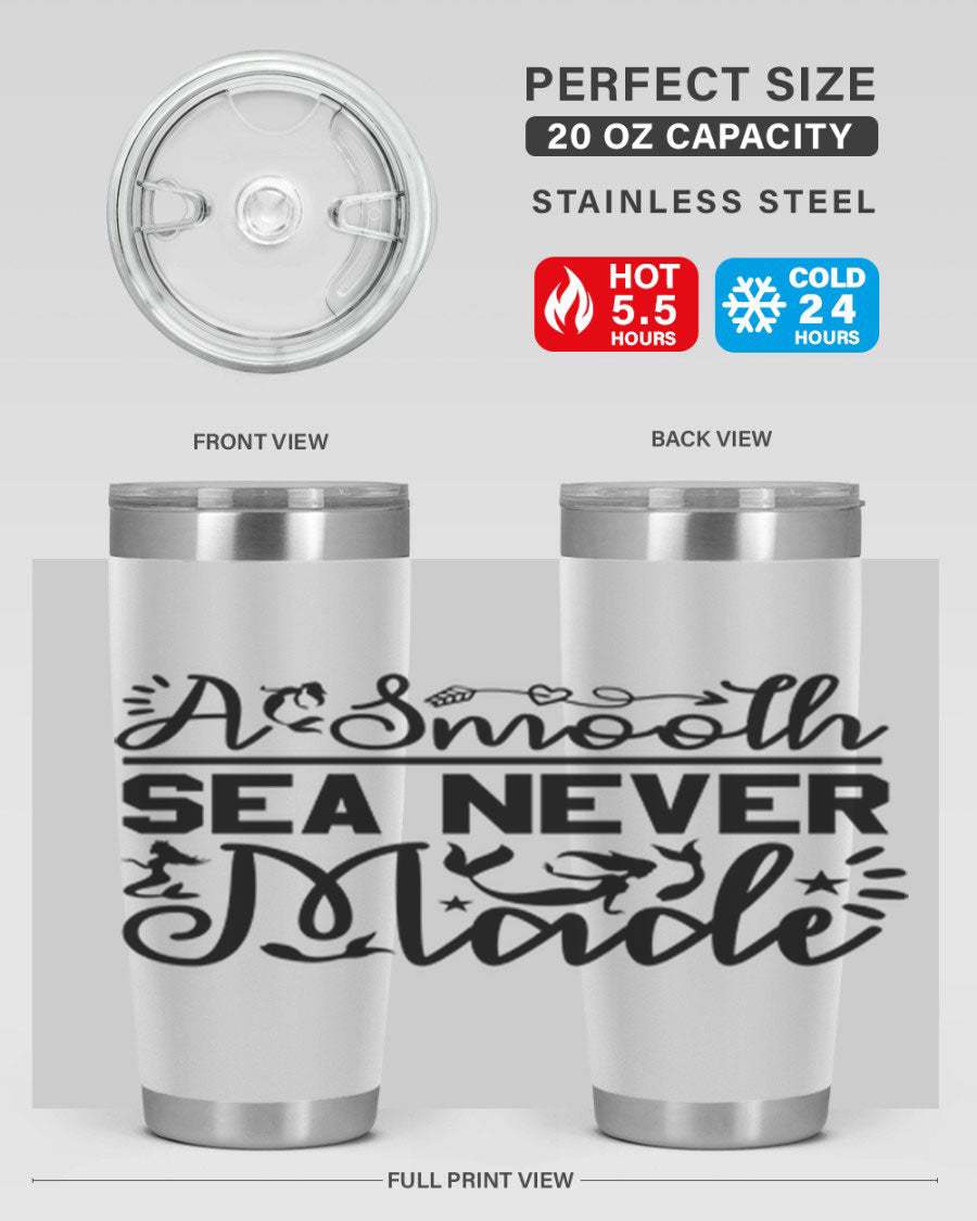 A Smooth Sea Never Made 11# mermaid tumbler in stainless steel with a vibrant design, showcasing its double wall vacuum insulation and drink-thru lid.