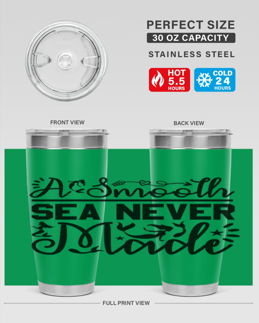 A Smooth Sea Never Made 11# mermaid tumbler in stainless steel with a vibrant design, showcasing its double wall vacuum insulation and drink-thru lid.