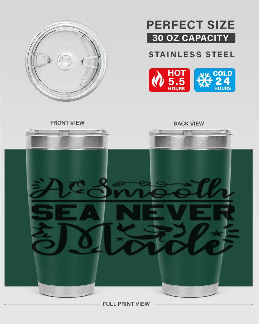A Smooth Sea Never Made 11# mermaid tumbler in stainless steel with a vibrant design, showcasing its double wall vacuum insulation and drink-thru lid.