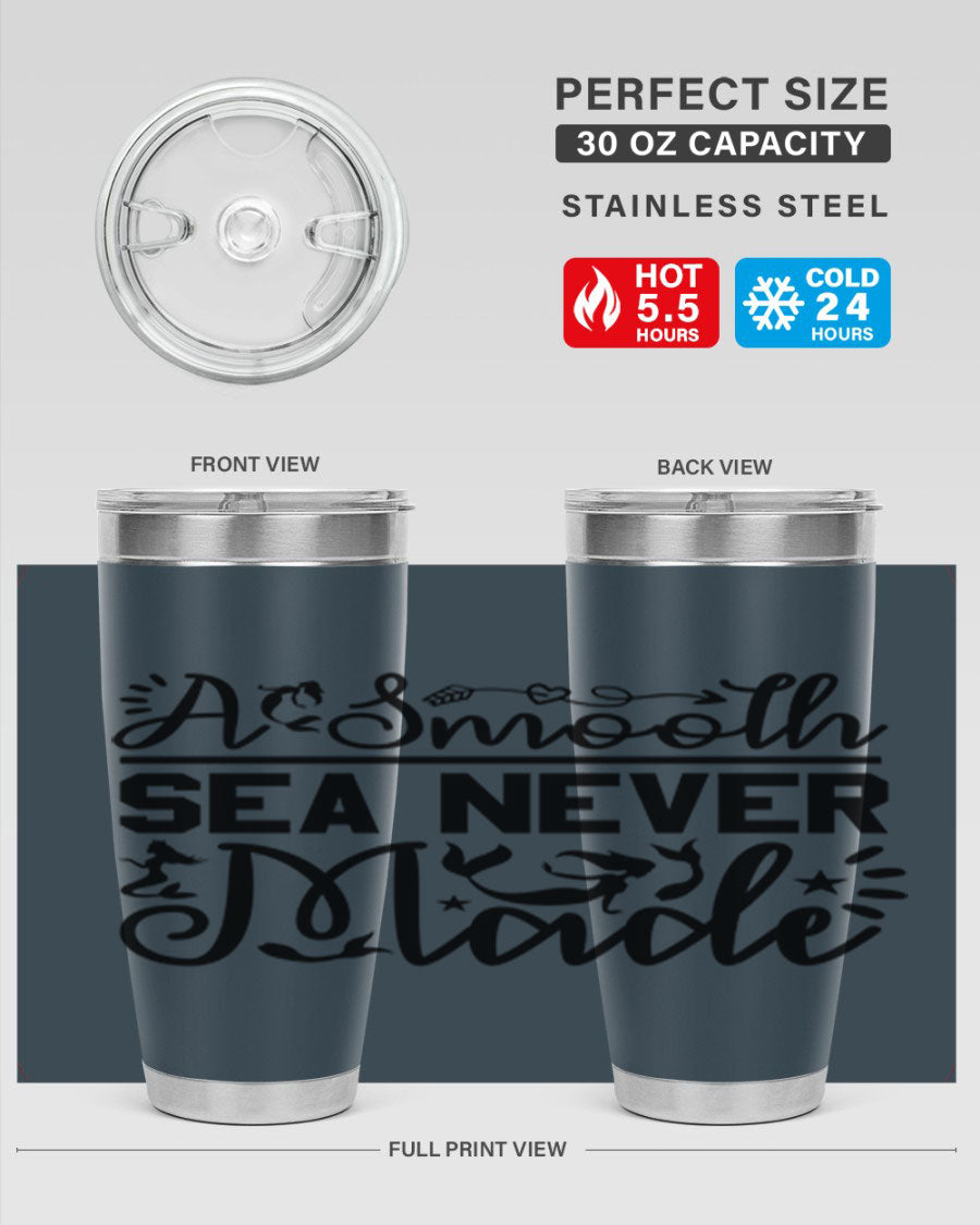 A Smooth Sea Never Made 11# mermaid tumbler in stainless steel with a vibrant design, showcasing its double wall vacuum insulation and drink-thru lid.