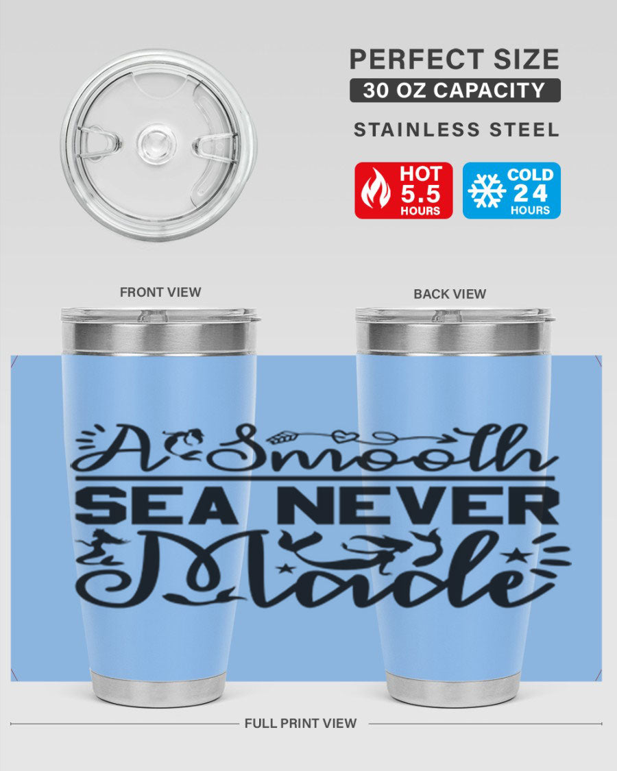 A Smooth Sea Never Made 11# mermaid tumbler in stainless steel with a vibrant design, showcasing its double wall vacuum insulation and drink-thru lid.