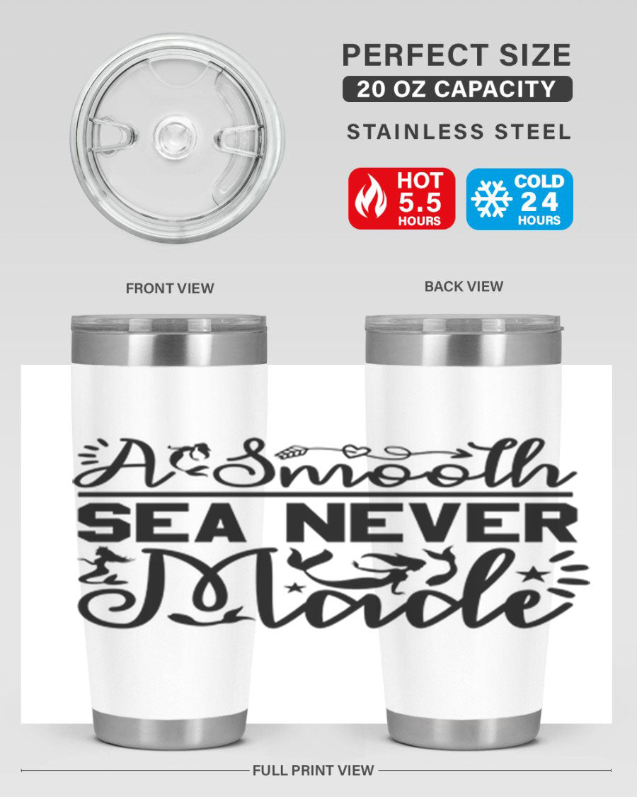 A Smooth Sea Never Made 11# mermaid tumbler in stainless steel with a vibrant design, showcasing its double wall vacuum insulation and drink-thru lid.
