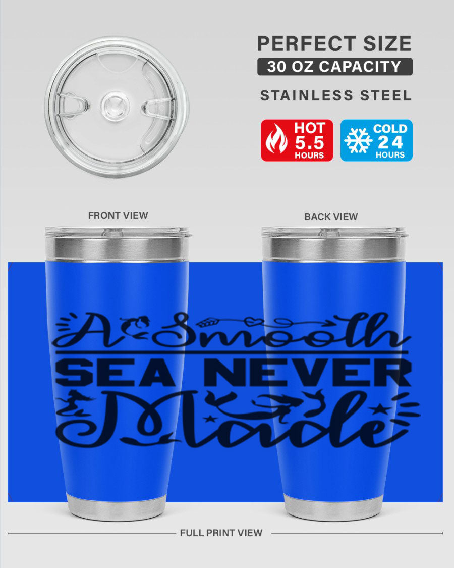 A Smooth Sea Never Made 11# mermaid tumbler in stainless steel with a vibrant design, showcasing its double wall vacuum insulation and drink-thru lid.