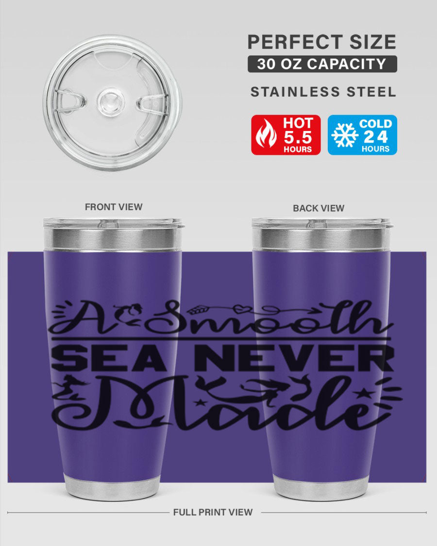 A Smooth Sea Never Made 11# mermaid tumbler in stainless steel with a vibrant design, showcasing its double wall vacuum insulation and drink-thru lid.