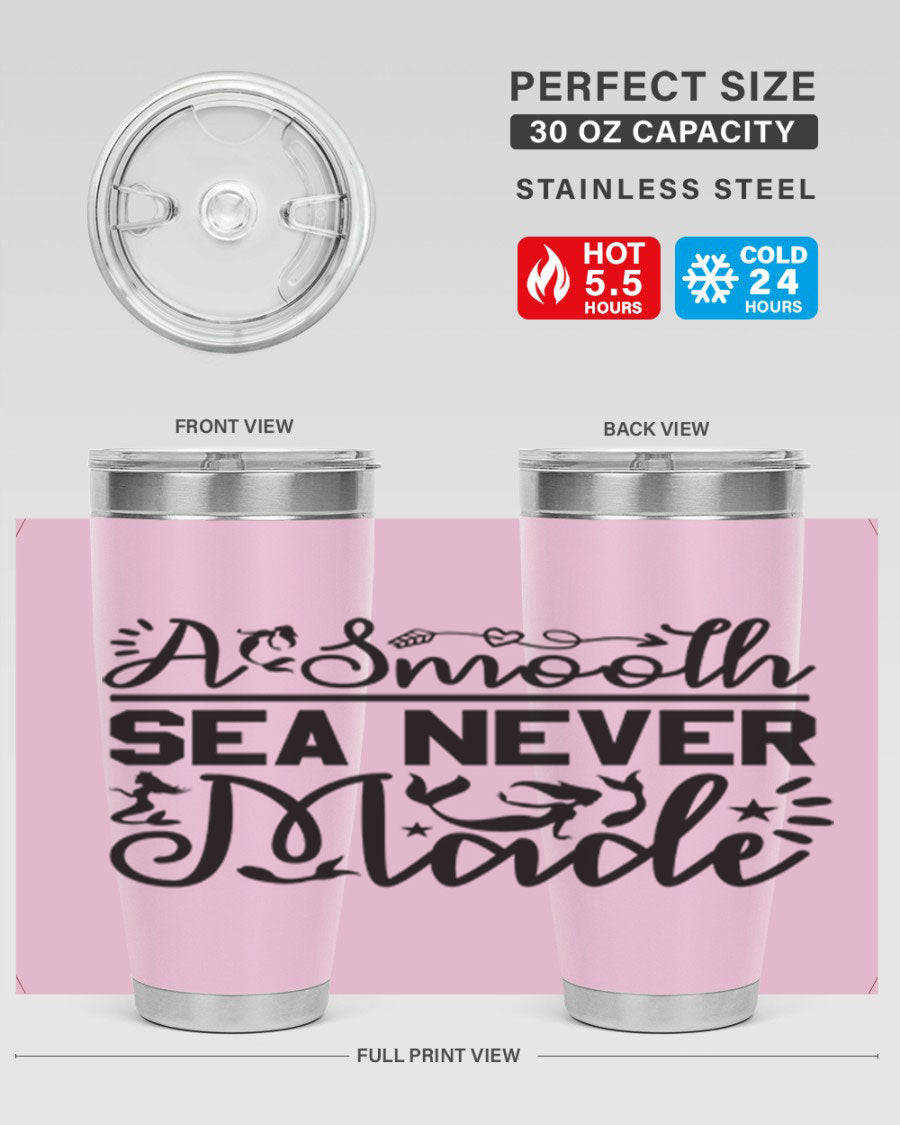 A Smooth Sea Never Made 11# mermaid tumbler in stainless steel with a vibrant design, showcasing its double wall vacuum insulation and drink-thru lid.