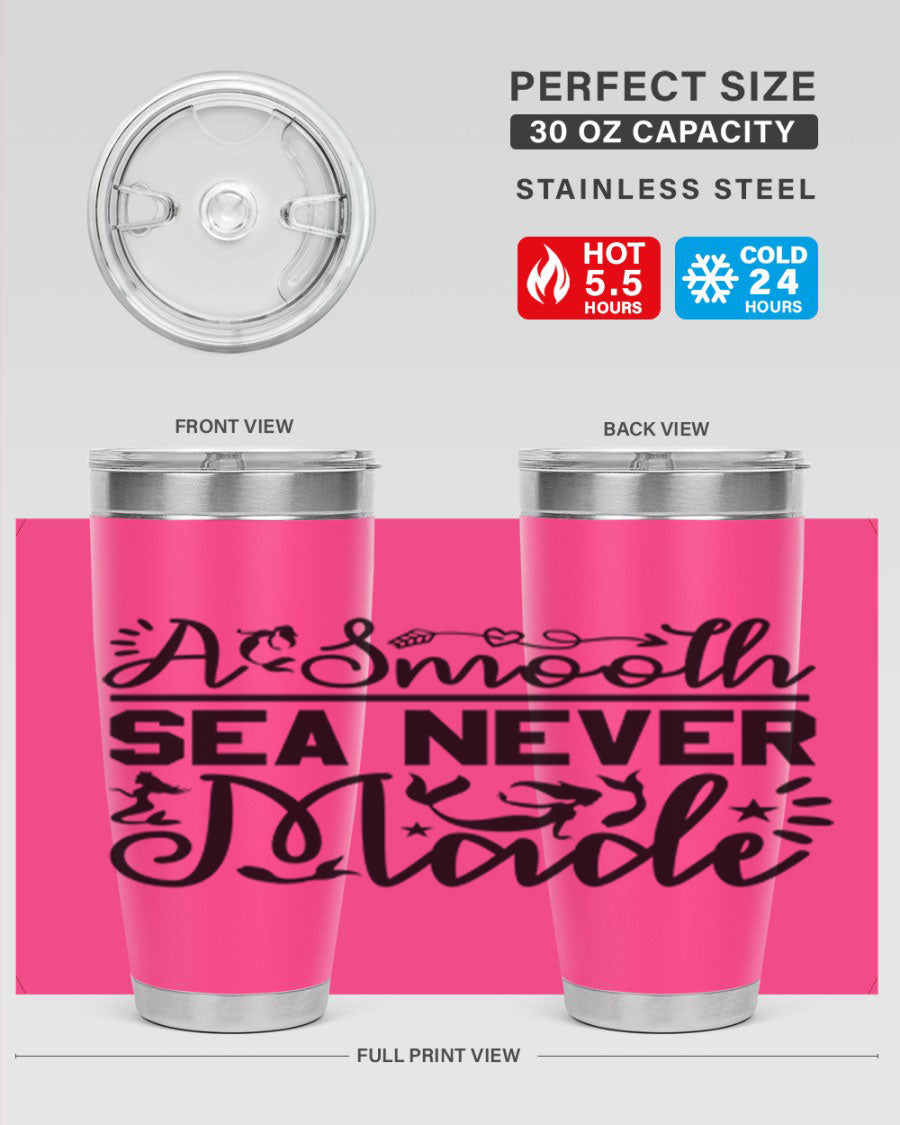 A Smooth Sea Never Made 11# mermaid tumbler in stainless steel with a vibrant design, showcasing its double wall vacuum insulation and drink-thru lid.