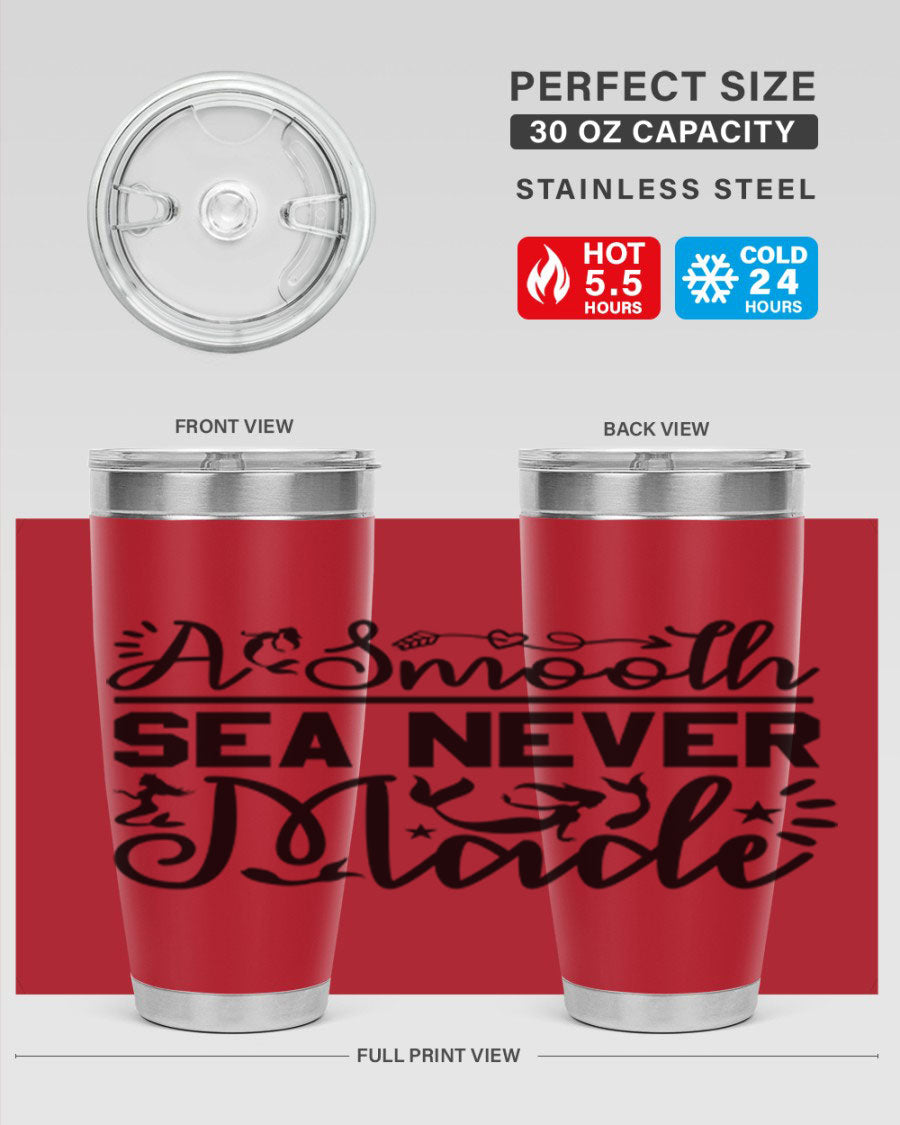 A Smooth Sea Never Made 11# mermaid tumbler in stainless steel with a vibrant design, showcasing its double wall vacuum insulation and drink-thru lid.