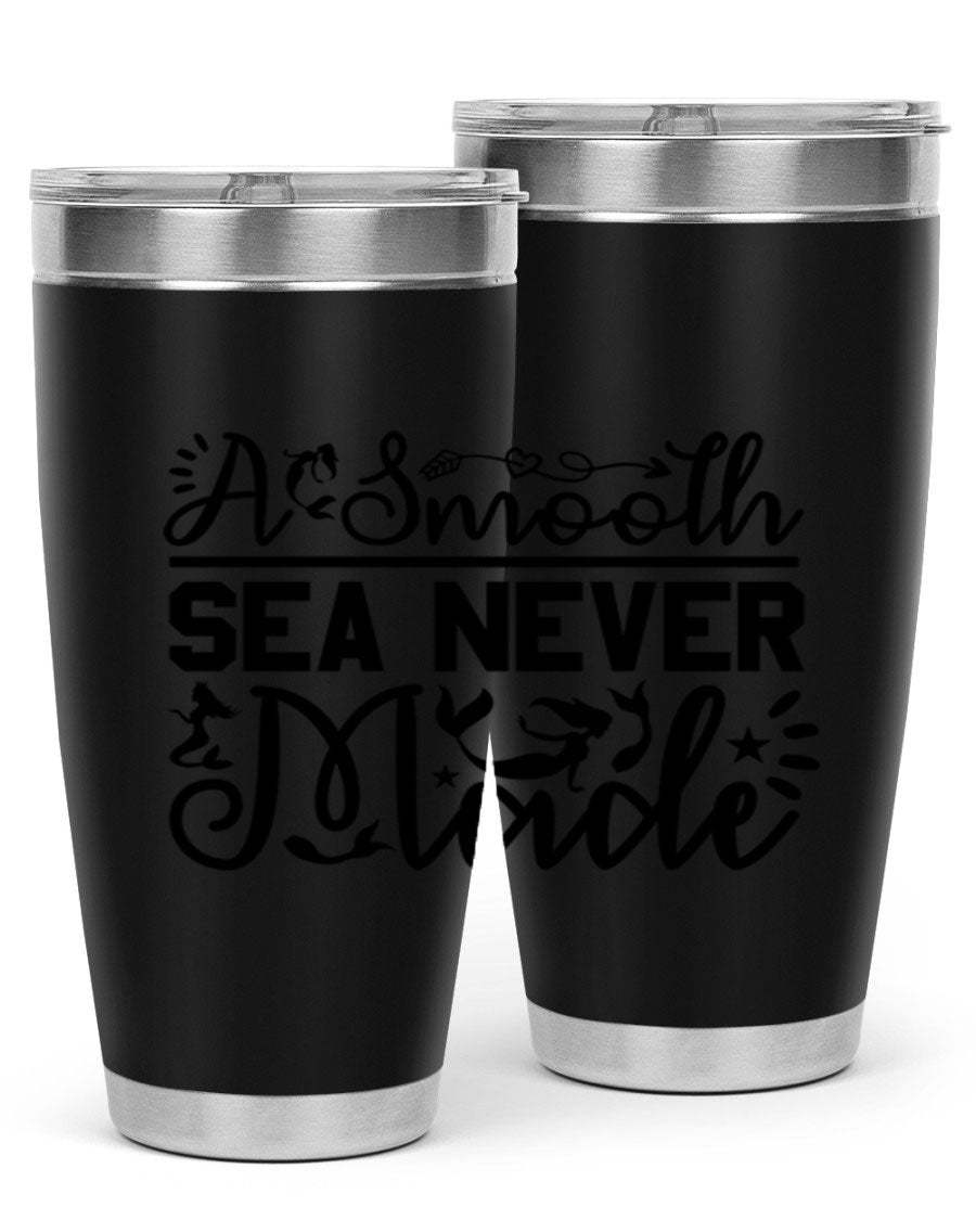 A Smooth Sea Never Made 11# mermaid tumbler in stainless steel with a vibrant design, showcasing its double wall vacuum insulation and drink-thru lid.