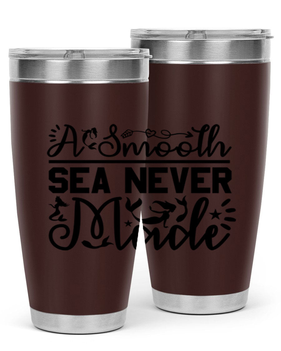 A Smooth Sea Never Made 11# mermaid tumbler in stainless steel with a vibrant design, showcasing its double wall vacuum insulation and drink-thru lid.