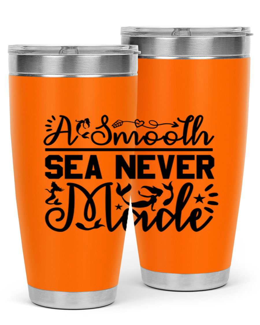 A Smooth Sea Never Made 11# mermaid tumbler in stainless steel with a vibrant design, showcasing its double wall vacuum insulation and drink-thru lid.