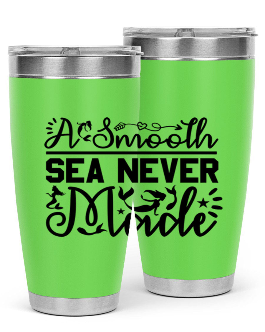 A Smooth Sea Never Made 11# mermaid tumbler in stainless steel with a vibrant design, showcasing its double wall vacuum insulation and drink-thru lid.