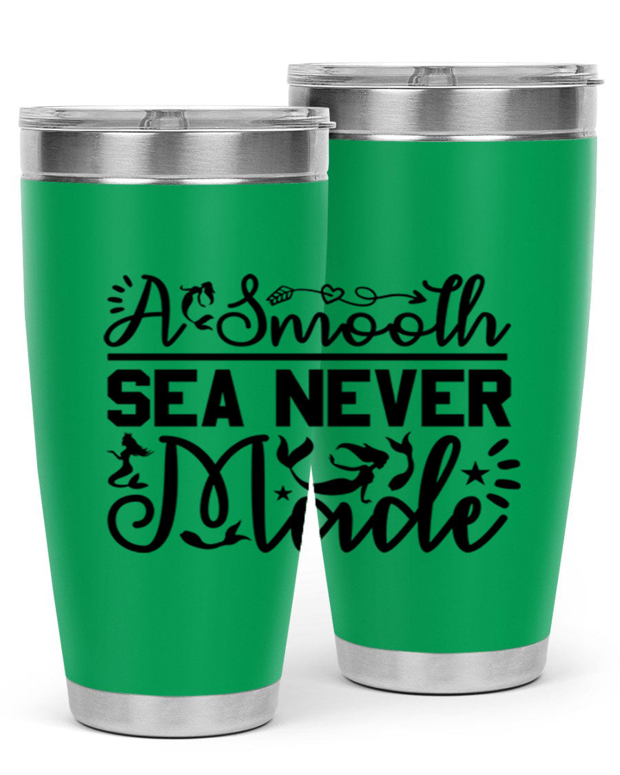 A Smooth Sea Never Made 11# mermaid tumbler in stainless steel with a vibrant design, showcasing its double wall vacuum insulation and drink-thru lid.