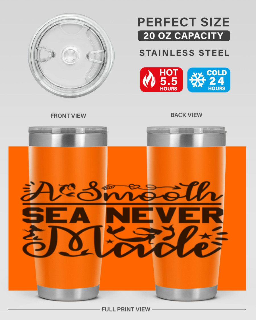 A Smooth Sea Never Made 11# mermaid tumbler in stainless steel with a vibrant design, showcasing its double wall vacuum insulation and drink-thru lid.