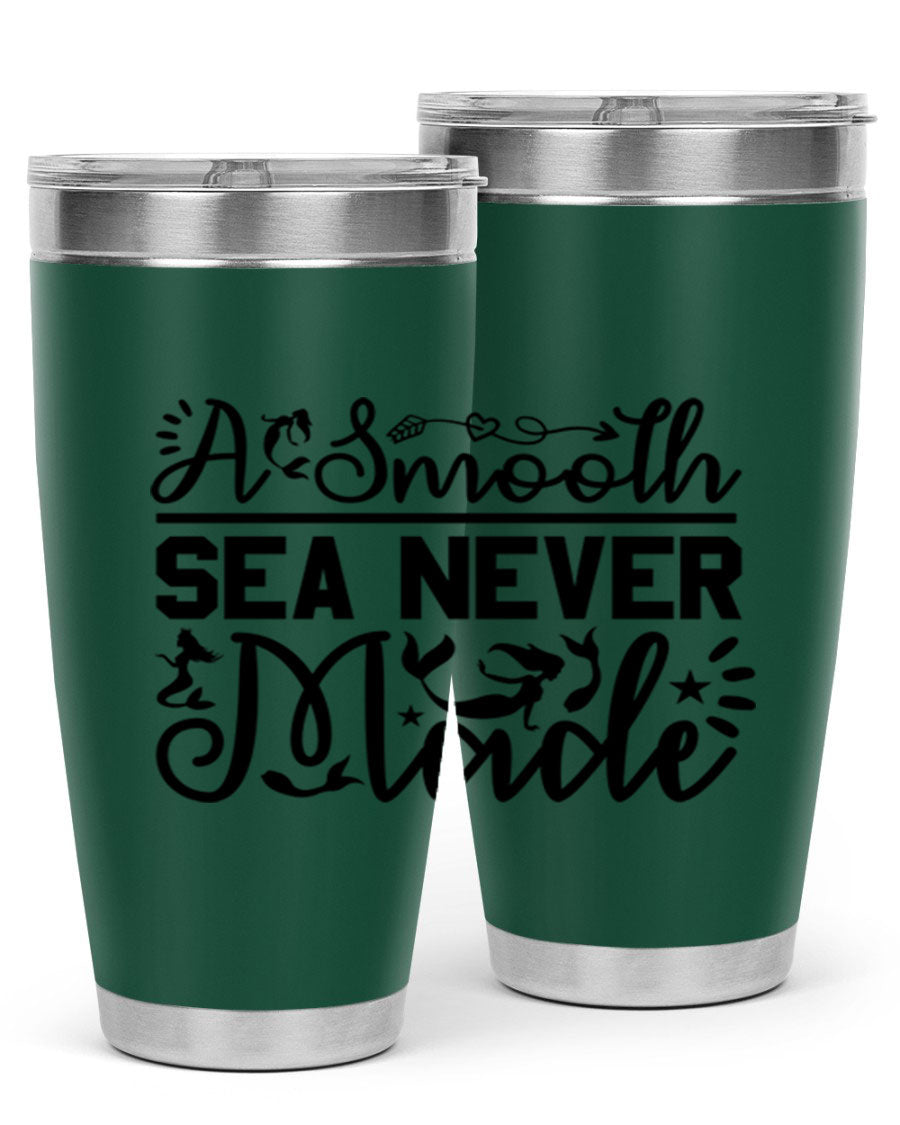 A Smooth Sea Never Made 11# mermaid tumbler in stainless steel with a vibrant design, showcasing its double wall vacuum insulation and drink-thru lid.