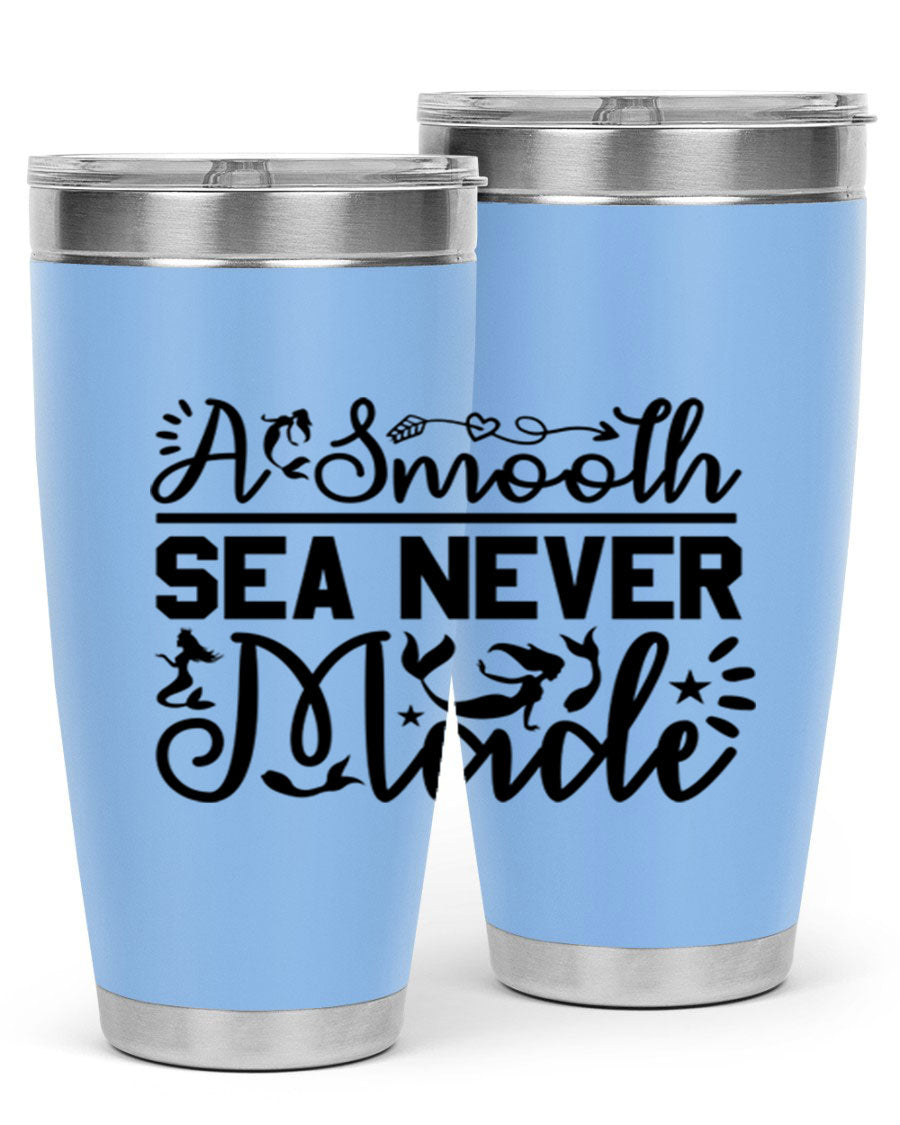 A Smooth Sea Never Made 11# mermaid tumbler in stainless steel with a vibrant design, showcasing its double wall vacuum insulation and drink-thru lid.
