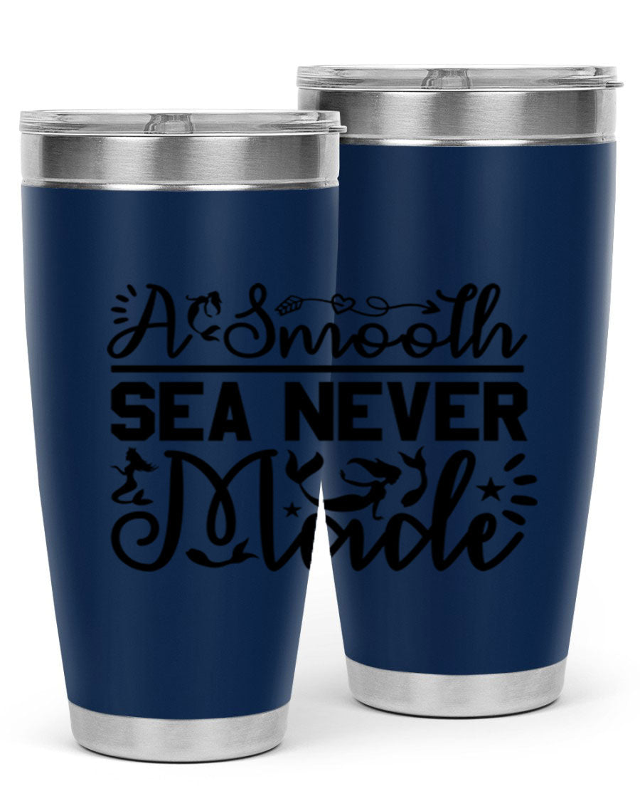 A Smooth Sea Never Made 11# mermaid tumbler in stainless steel with a vibrant design, showcasing its double wall vacuum insulation and drink-thru lid.