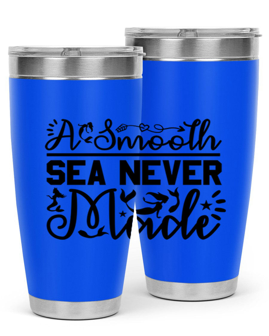 A Smooth Sea Never Made 11# mermaid tumbler in stainless steel with a vibrant design, showcasing its double wall vacuum insulation and drink-thru lid.